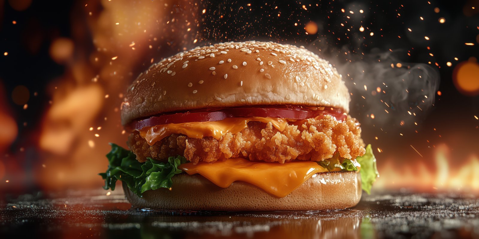 Juicy crispy chicken sandwich with melted cheese and fresh lettuce against fiery background
